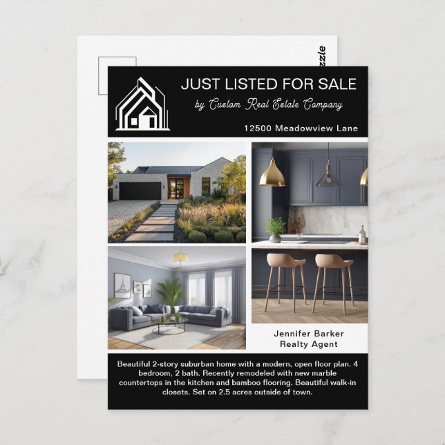 Cartão Postal Chic Real Estate Company Home Listing Black White (Frente/Verso)