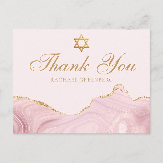 Cartão Postal Chic Rosa Ouro Obrigado Personalizado Bat Mitzvah (Frente)