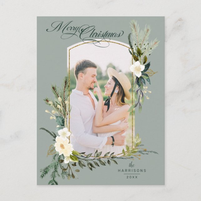 Cartão Postal Chic Sage Christmas Botanical w/Dourada Arch Photo (Frente)