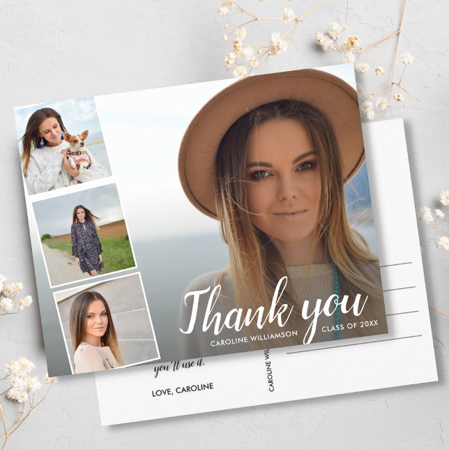 Cartão Postal Chic Script 4 Photo Collage Graduation Thank You (Criador carregado)