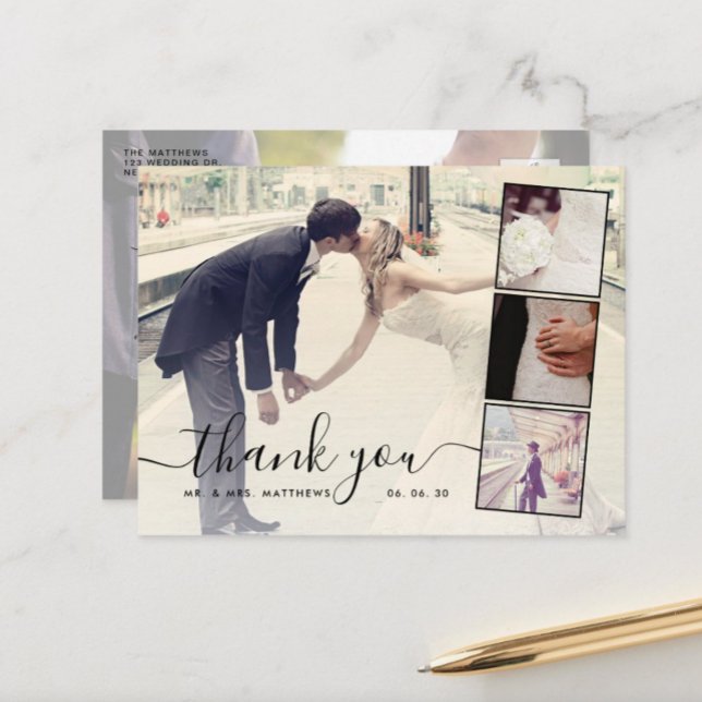 Cartão Postal Chic Script 4 Photo Collage Wedding Thank You (Criador carregado)