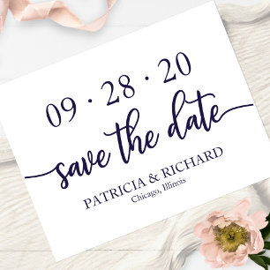 Cartão Postal Chic Script Azul Marinho Branco Casamento Save The