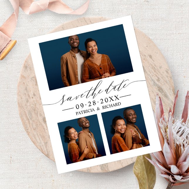 Cartão Postal Chic Script Casamento Salvar Data 3 Colagem de Fot (Criador carregado)