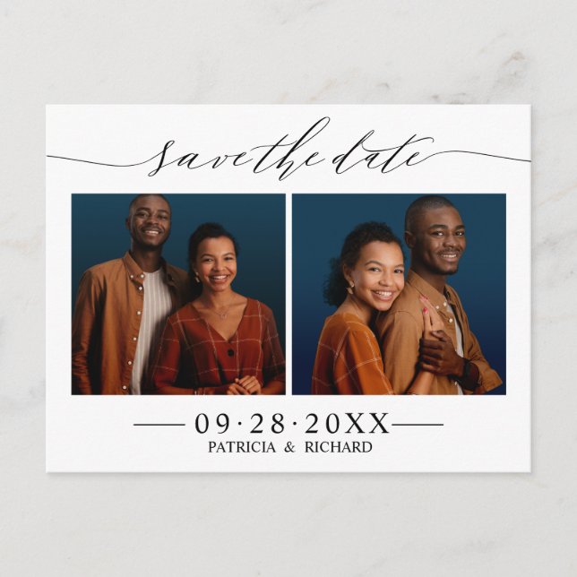 Cartão Postal Chic Script Casamento Save The Date 2 Colagem de F (Frente)