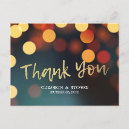 Cartão Postal Chic Teal Dourado Bokeh Lights Casamento Obrigado