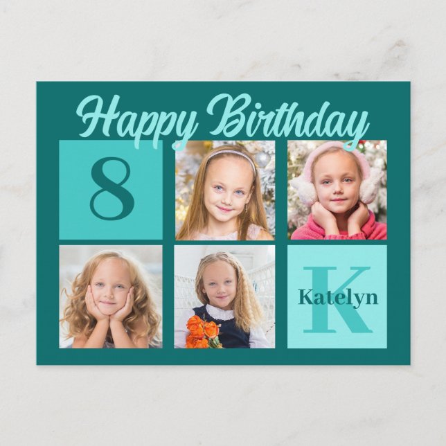 Cartão Postal Chic Teal Happy Birthday Custom Photo Collage (Frente)