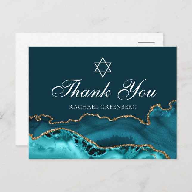 Cartão Postal Chic Teal Personalizado Dourado Bat Mitzvah Obriga (Frente/Verso)