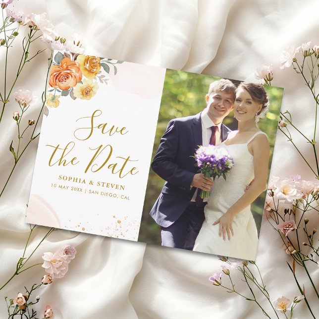 Cartão Postal Chic wedding with orange floral with Photo (Criador carregado)