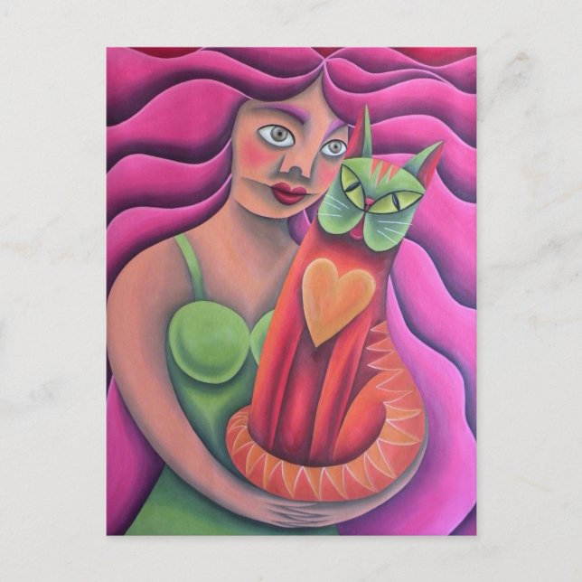 Cartão Postal Chica y su gato verde pintura arte (Frente)