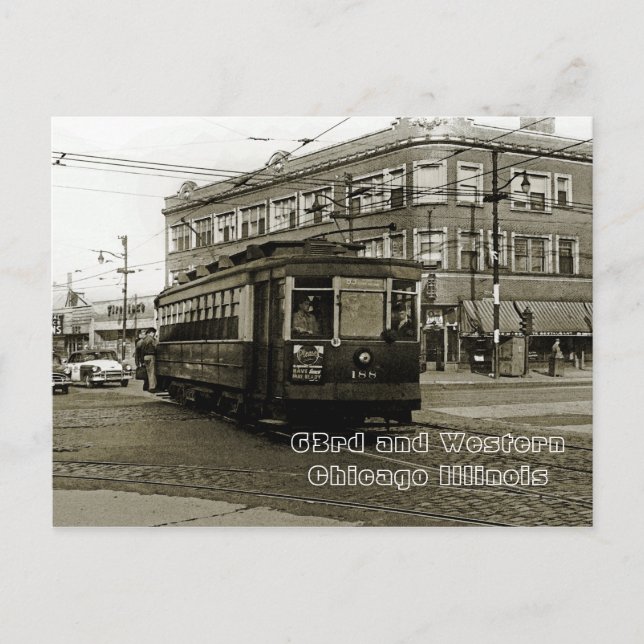 CARTÃO POSTAL CHICAGO 63ª E OCIDENTAL 1952 TROLLEY ART SEPIA (Frente)