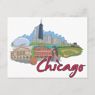 Cartão Postal Chicago Cartoon Skyline