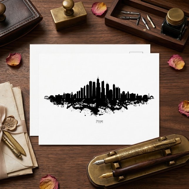 Cartão Postal Chicago City Skyline Watercolor Black and White (Chicago Skyline Black White Watercolor City Art. Postcard)