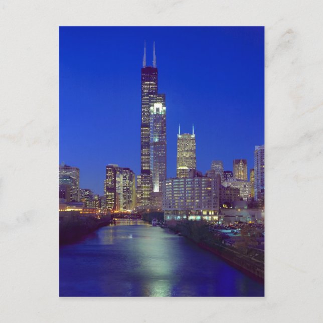 Cartão Postal Chicago, Illinois, Skyline à noite com Chicago (Frente)