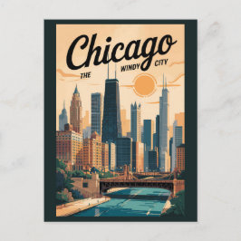 Cartão Postal Chicago Illinois - Skyline Viagem Art Vintage