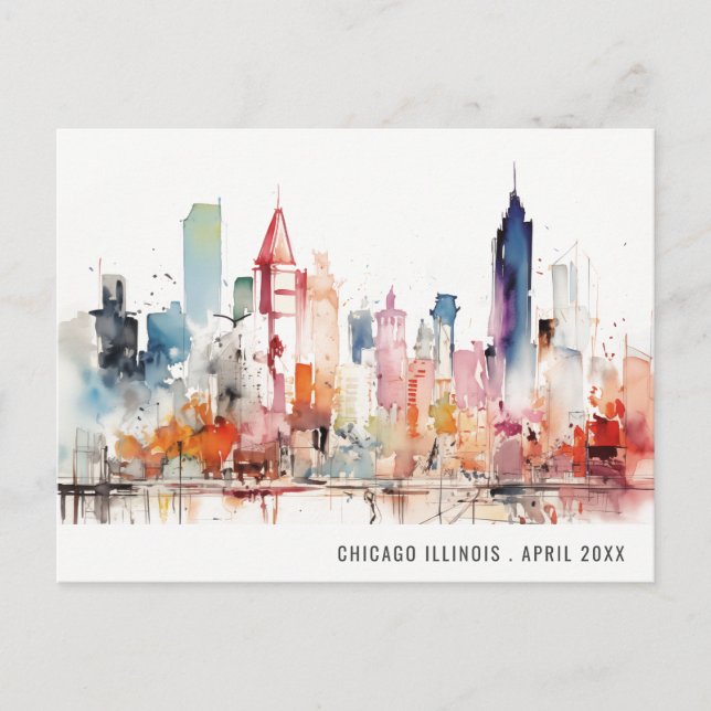 Cartão Postal Chicago Illinois Watercolor Landscape Travel (Frente)