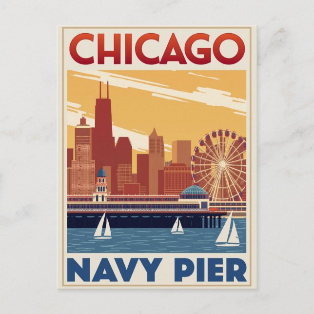 Cartão Postal Chicago Navy Pier Skyline Retro (Frente)