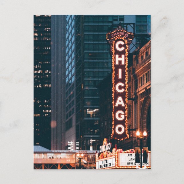 Cartão Postal Chicago - Símbolo Neon Illinois à noite (Frente)