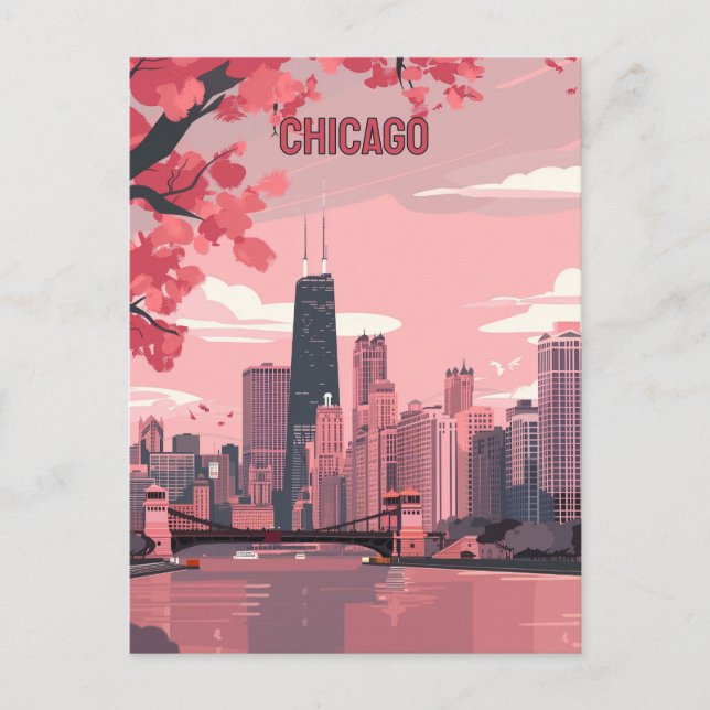 Cartão Postal Chicago Skyline com Primavera Blossoms (Frente)