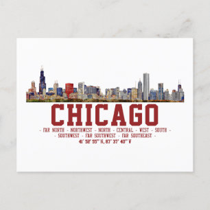 Cartão Postal Chicago Skyline. Nomes e coordenadas de área