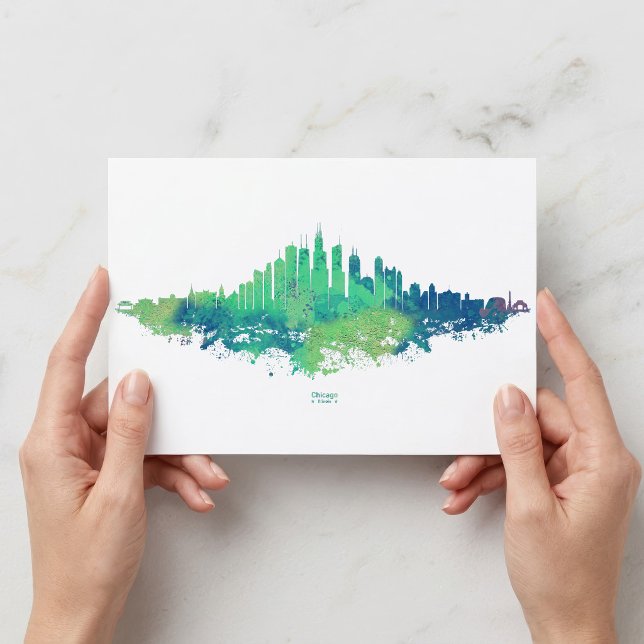 Cartão Postal Chicago Skyline Watercolor Blue Green City Art (Chicago Skyline Watercolor Blue Green City Art. Postcard)