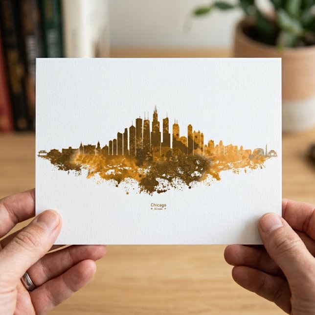 Cartão Postal Chicago Skyline Watercolor Orange Cityscape Art (Chicago Skyline Watercolor Orange Cityscape Art. Postcard)