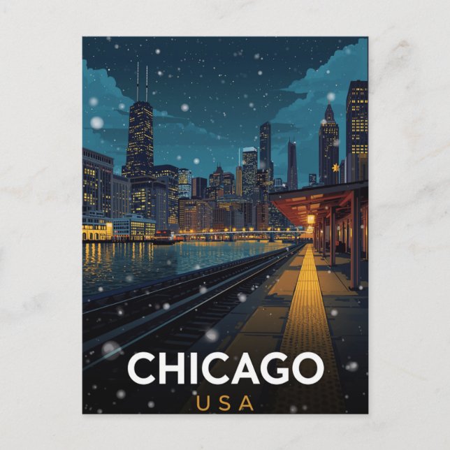 Cartão Postal Chicago USA Skyline Winter Night (Frente)