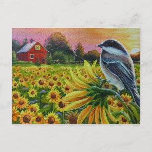 Cartão Postal Chickadee Bird Sunflower Red Barn Watercolor Art