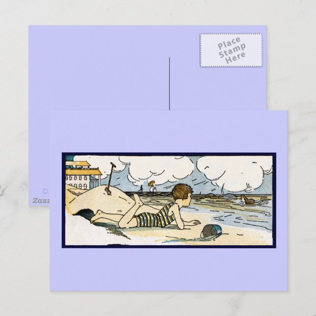 Cartão Postal Child on Beach Vintage Art (Frente/Verso)