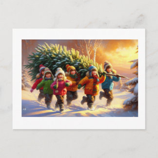 Cartão Postal Children Carrying Christmas Tree,
