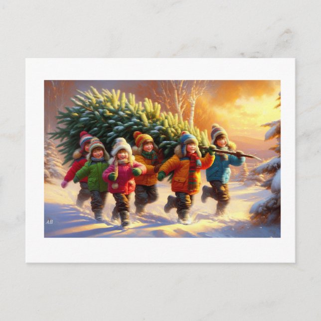 Cartão Postal Children Carrying Christmas Tree,  (Frente)