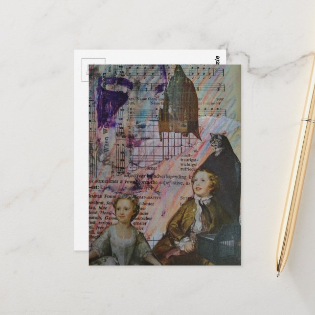 Cartão Postal children dance cat bird cage sheet music collage (Frente/Verso In Situ)