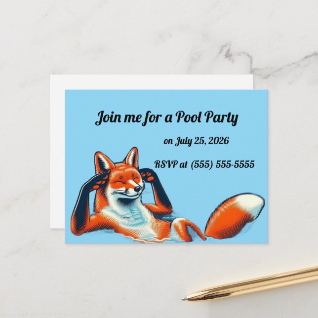 Cartão Postal Chill Red Fox in a Pool Party RSVP (Frente/Verso In Situ)