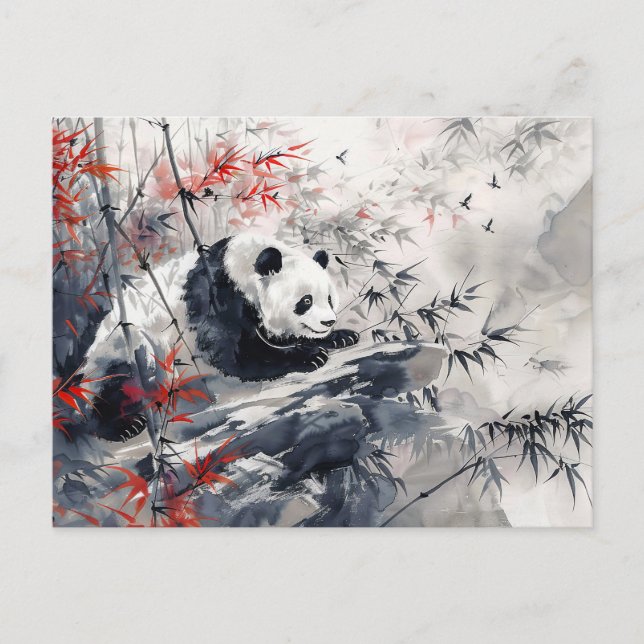 Cartão Postal Chinês Watercolor Panda e Bamboo (Frente)