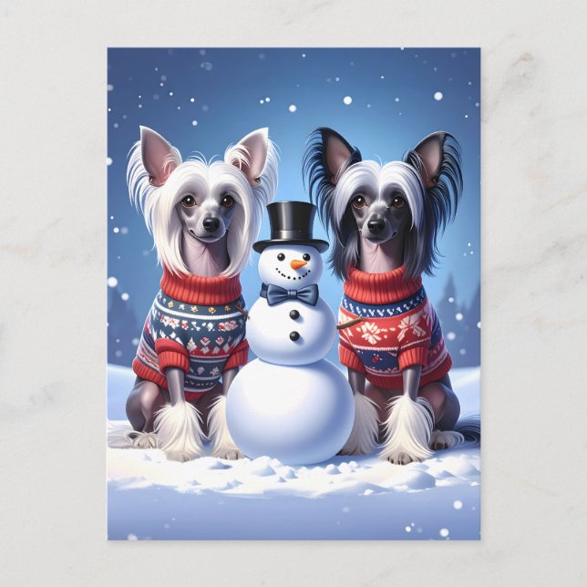 Cartão Postal Chinese Crested Dogs & Snowman (Frente)
