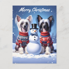 Cartão Postal Chinese Crested Dogs & Snowman Christmas