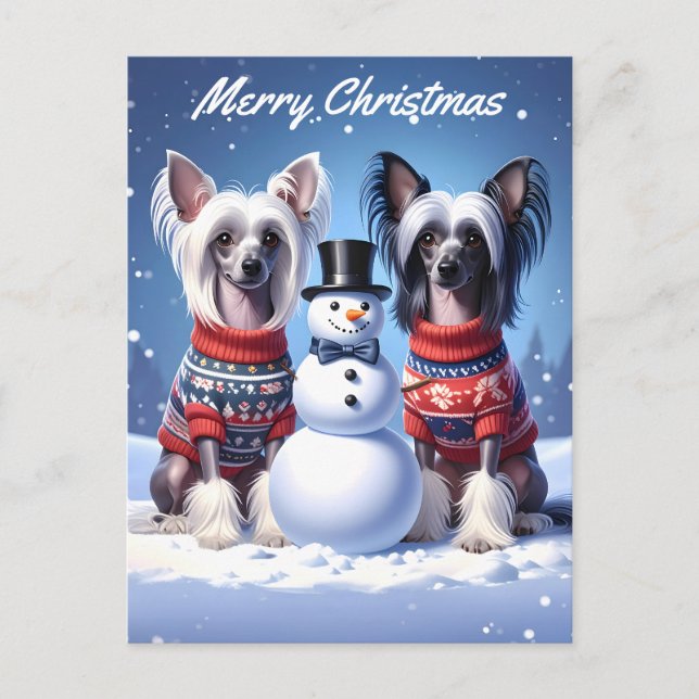 Cartão Postal Chinese Crested Dogs & Snowman Christmas (Frente)