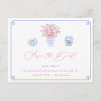 Chinoiserie Chic Pink Blue Casamento Salvar Data