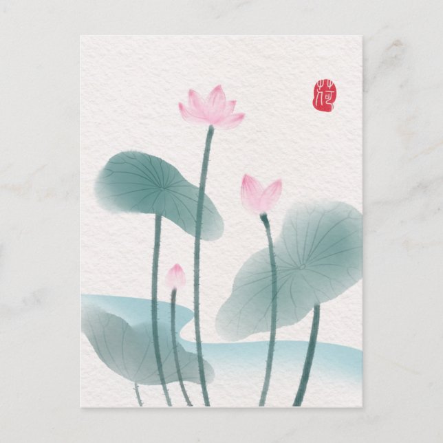 Cartão Postal Chinoiserie Chinesa Ink Lash Pintura Lotus Floral (Frente)