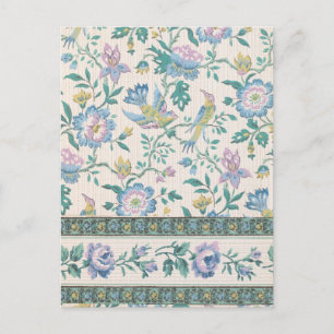 Cartão Postal Chinoiserie Padrão Floral Pastel Vintage Pássaro