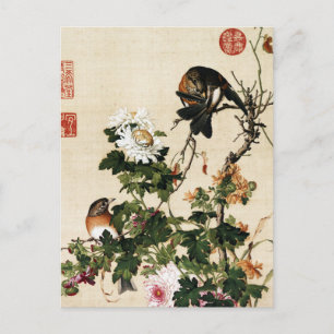 Cartão Postal Chinoiserie Vintage de Crisântemo e Pássaros Arte
