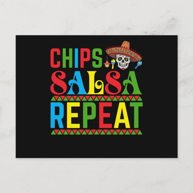 Cartão Postal Chips Salsa Repeat - Cinco engraçados de Mayo Méxi (Frente)