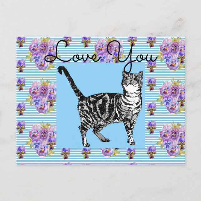 Cartão Postal Chique Blue Stripe Tabby Cat Love Heart (Frente)