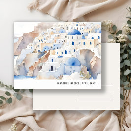 Cartão Postal Chique Minimalista Santorini Grécia Aquarela Viage