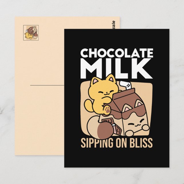 Cartão Postal Chocolate Milk Sipping on Bliss – Kawaii Cat Food  (Frente/Verso)