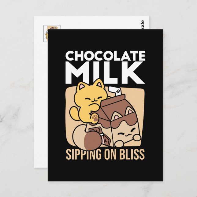Cartão Postal Chocolate Milk Sipping on Bliss – Kawaii Cat Food  (Frente/Verso)