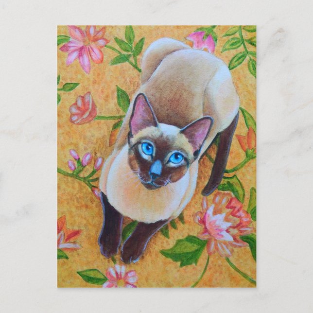 Cartão Postal Chocolate Point Siamese Cat on Floral Rug (Frente)