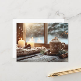 Cartão Postal Chocolate Quente Cozy com Creme e Velas Inverno