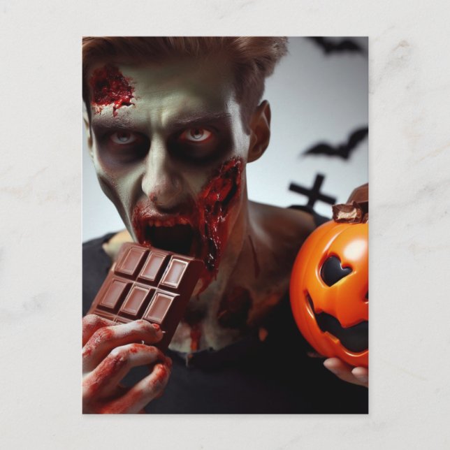 Cartão Postal Chocolate Zombie comendo Halloween (Frente)