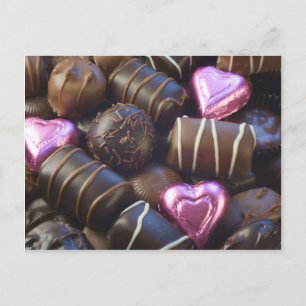 Cartão Postal chocolates com folha cor-de-rosa