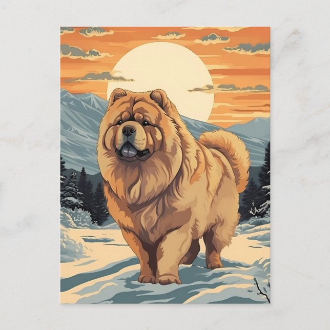 Cartão Postal Chow Chow nas montanhas nevadas durante o pôr do s (Frente)